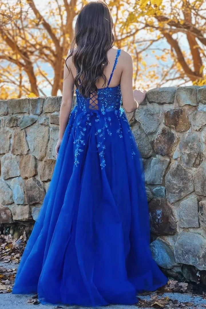 Lumidress Elegant Royal Blue Strappy V-Neck A-Line Prom Gown with Appliqués