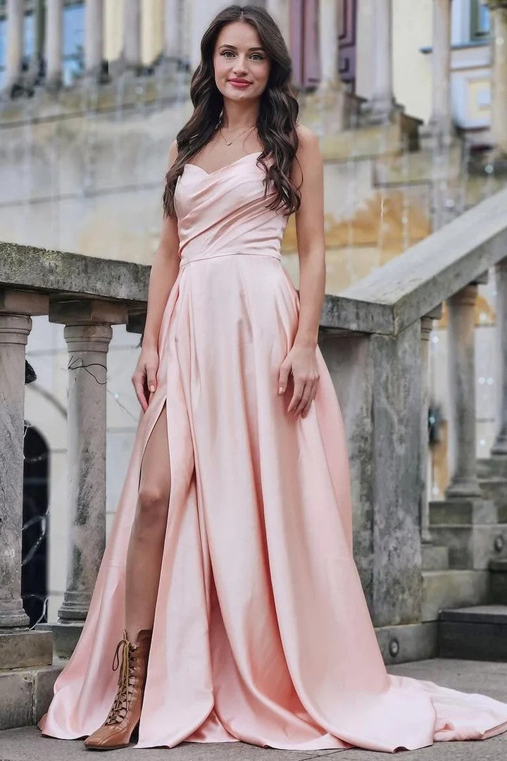 Lumidress Satin Sweetheart A-Line Prom Dress with Spaghetti Straps and Slit