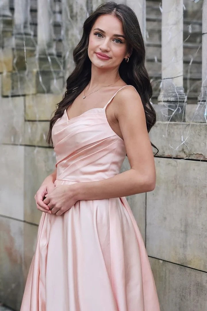 Lumidress Satin Sweetheart A-Line Prom Dress with Spaghetti Straps and Slit