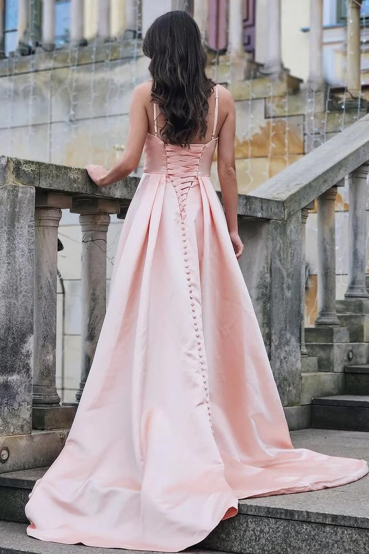 Lumidress Satin Sweetheart A-Line Prom Dress with Spaghetti Straps and Slit
