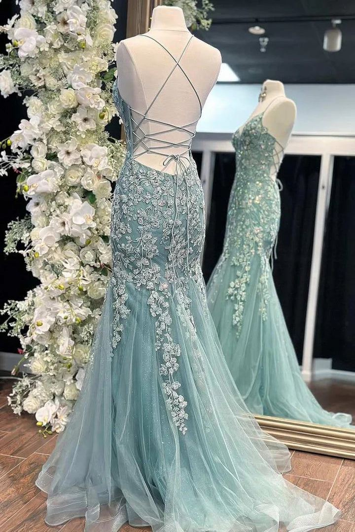 Lumidress Glamorous Mermaid Lace V-Neck Prom Dress with Spaghetti Straps