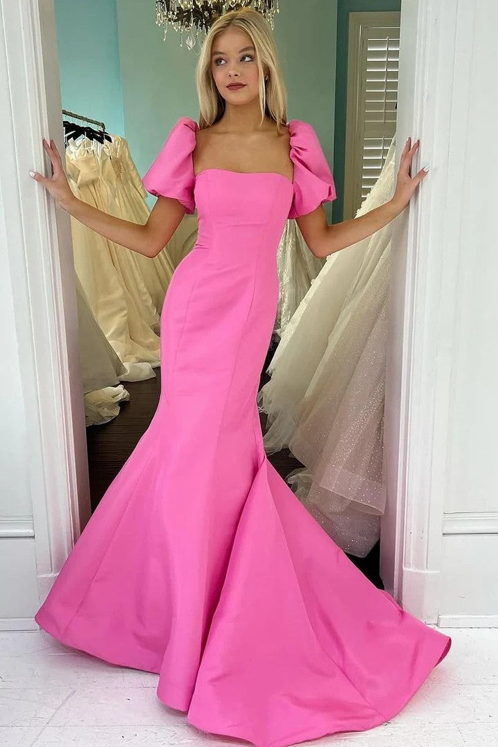 Lumidress Pink Puff Sleeve Mermaid Long Prom Dress with Structured Bodice