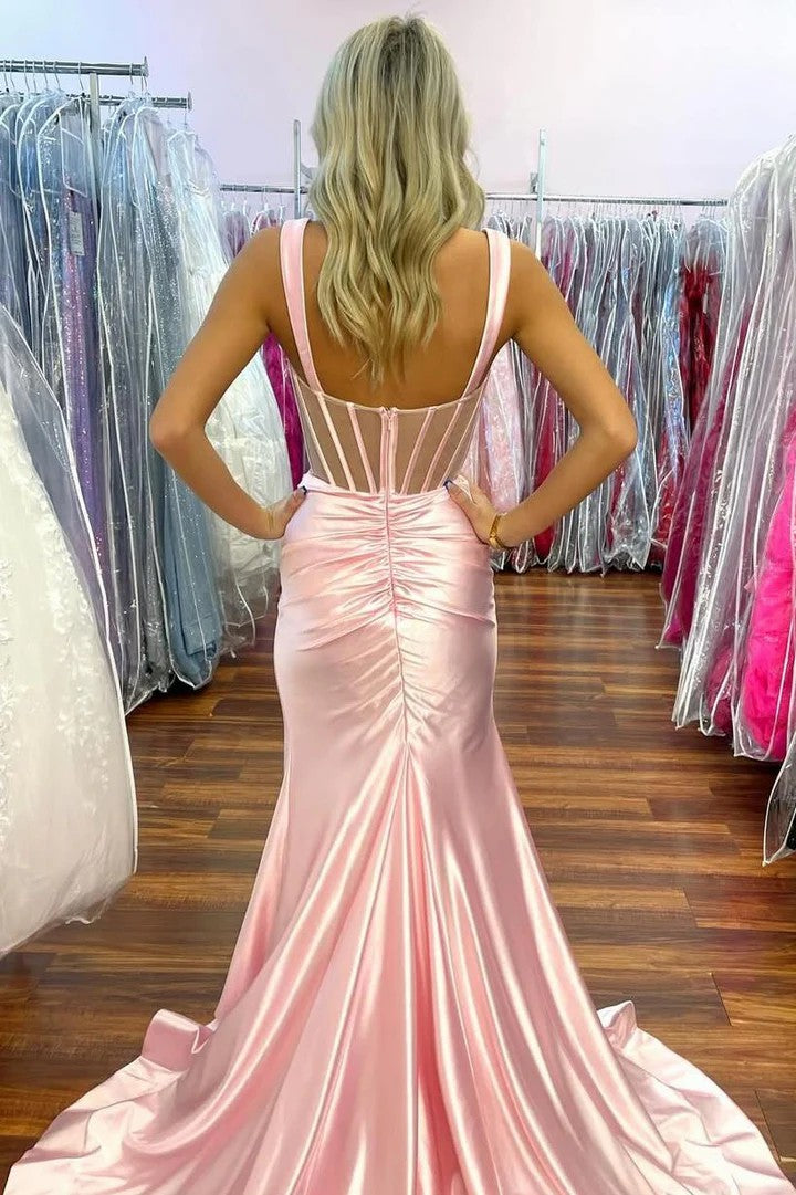 Lumidress Pink Satin Strappy Square-Neck Pleated Mermaid Prom Dress with Slit