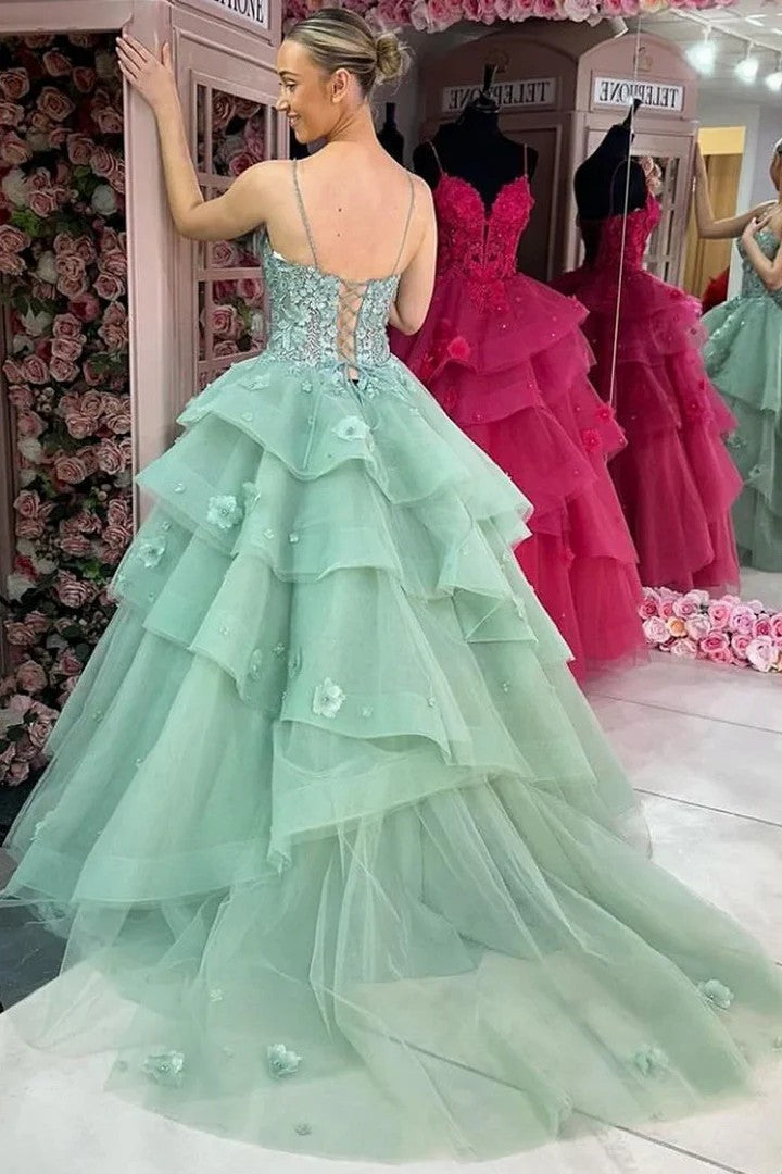 Lumidress V-Neck Sleeveless Ruffled Ball Gown Prom Dress with Appliqués and Train