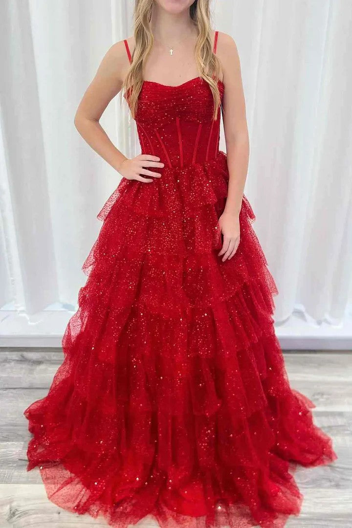 Lumidress Stunning Red Spaghetti-Strap Layered Tulle Gown with Subtle Glitter
