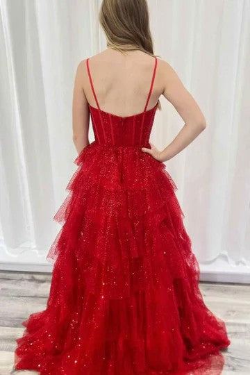 Lumidress Stunning Red Spaghetti-Strap Layered Tulle Gown with Subtle Glitter