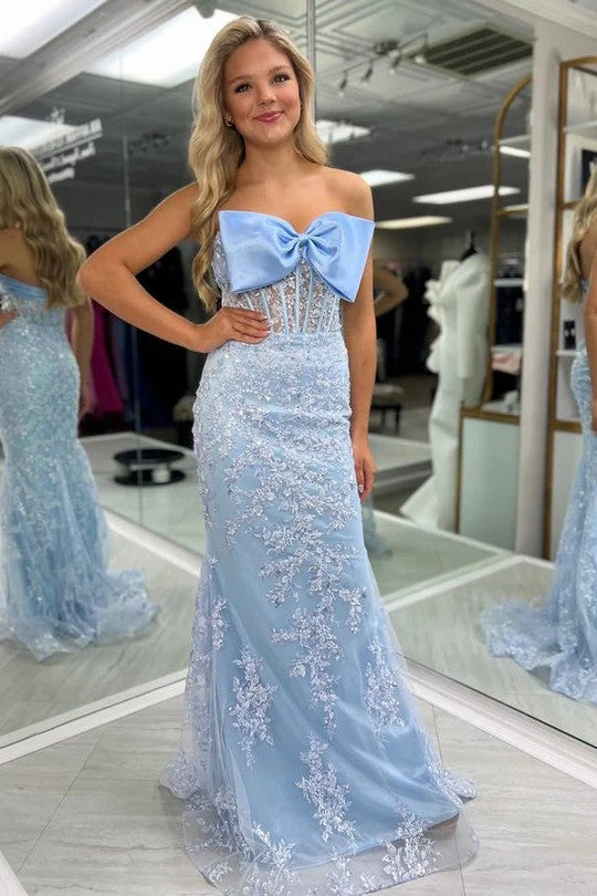 Lumidress Elegant Strapless Light Blue Lace Mermaid Gown with Bow Detail