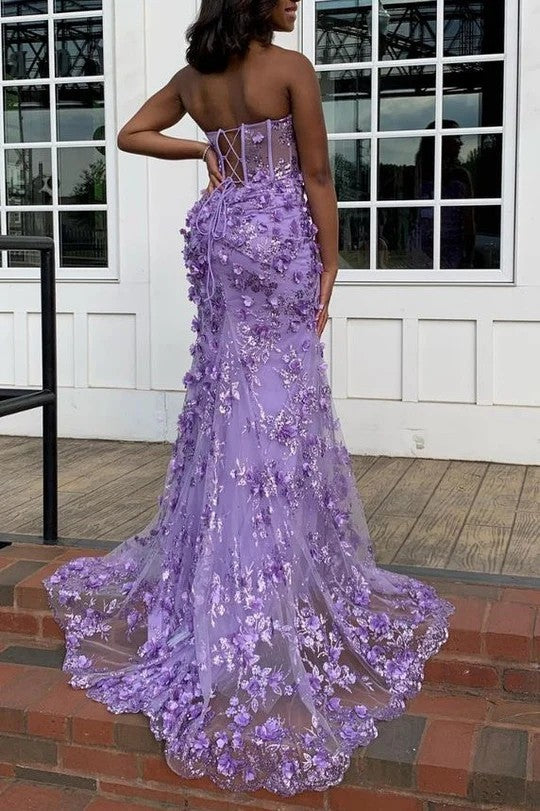 Lumidress Strapless Sweetheart Mermaid Prom Dress with 3D Floral Appliqués and Slit