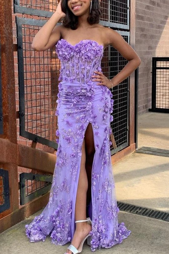 Lumidress Strapless Sweetheart Mermaid Prom Dress with 3D Floral Appliqués and Slit