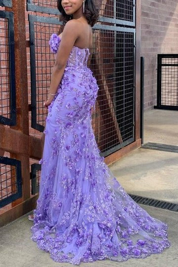 Lumidress Strapless Sweetheart Mermaid Prom Dress with 3D Floral Appliqués and Slit