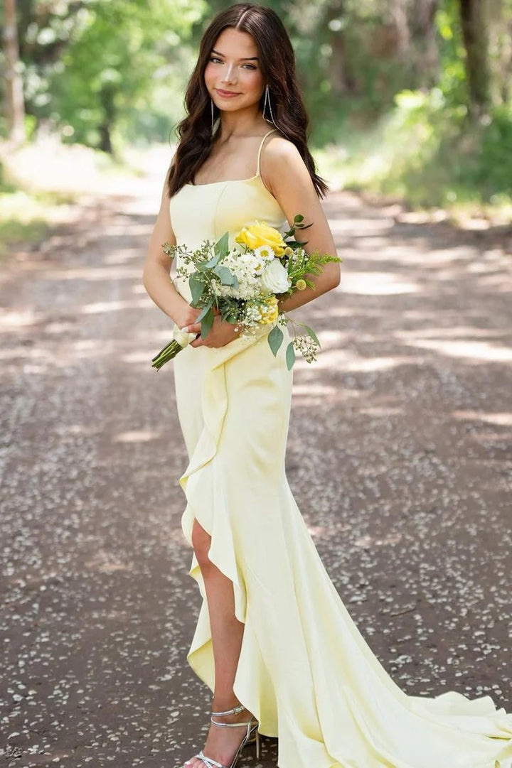 Lumidress Elegant Yellow Satin Spaghetti Strap Mermaid Prom Dress