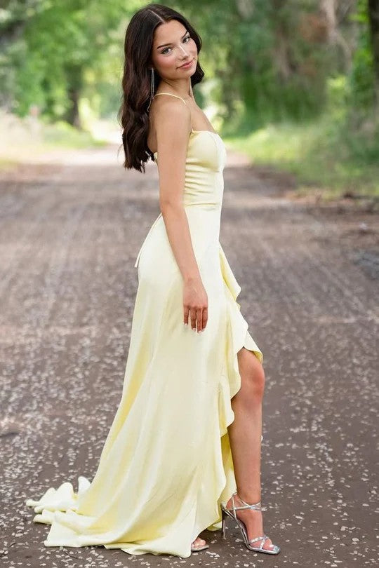 Lumidress Elegant Yellow Satin Spaghetti Strap Mermaid Prom Dress