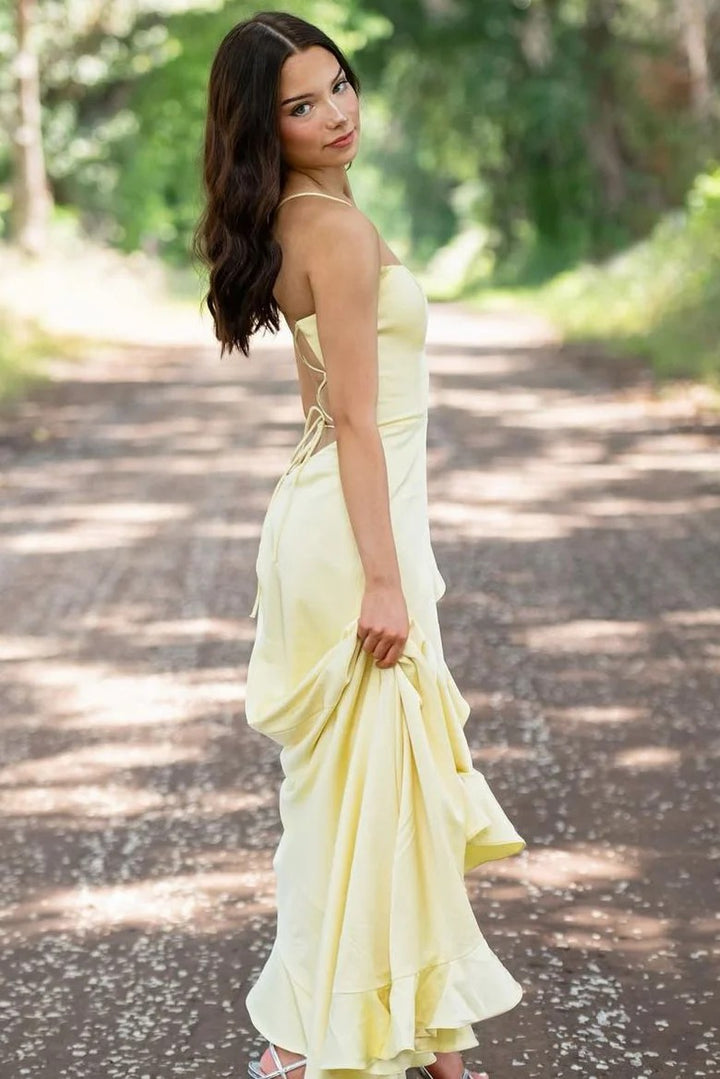 Lumidress Elegant Yellow Satin Spaghetti Strap Mermaid Prom Dress