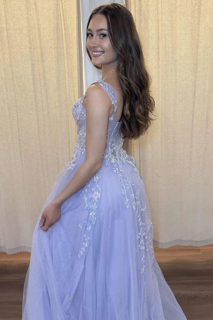 Lumidress Lilac A-Line Sweetheart Straps Tulle Prom Dress with Appliqués