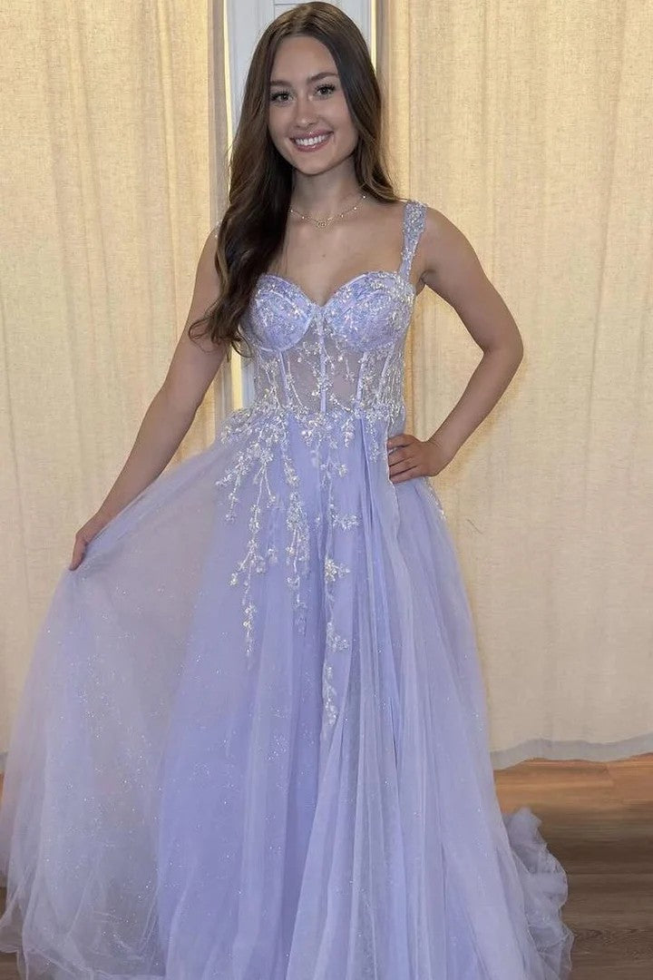 Lumidress Lilac A-Line Sweetheart Straps Tulle Prom Dress with Appliqués