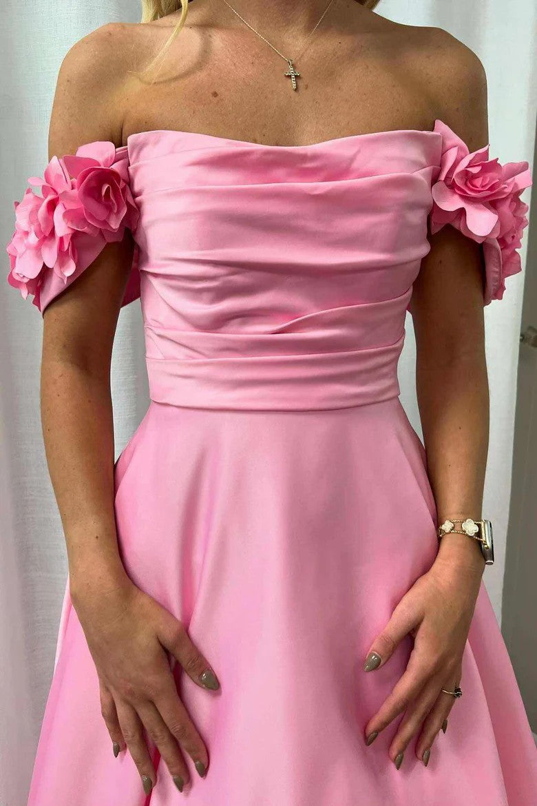 Lumidress Elegant Pink Off-Shoulder Satin A-Line Prom Dress with Pleated Detail
