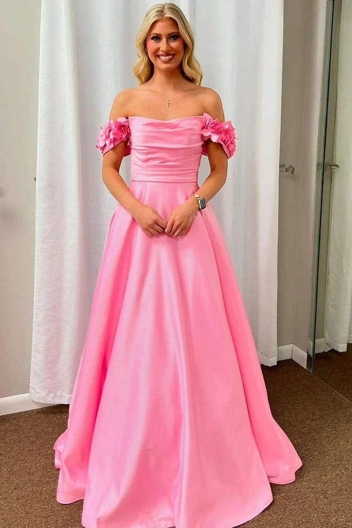Lumidress Elegant Pink Off-Shoulder Satin A-Line Prom Dress with Pleated Detail