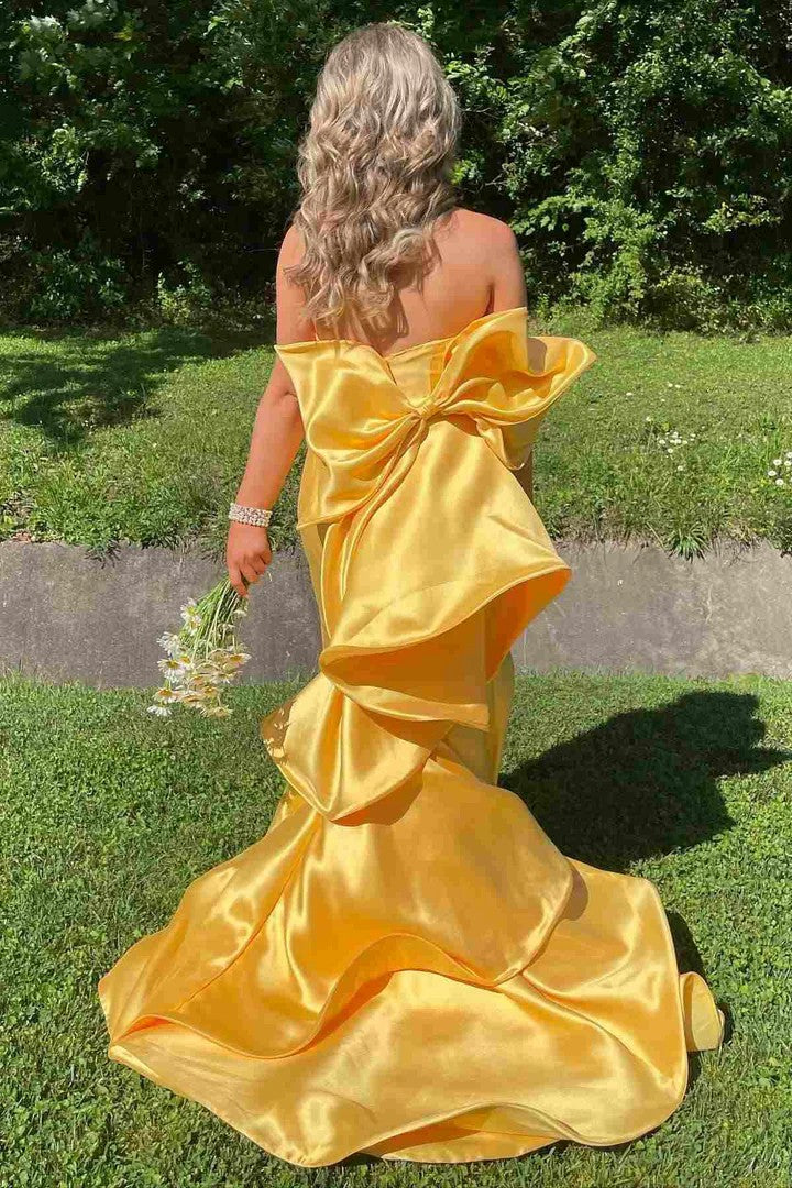 Lumidress Strapless Satin Mermaid Prom Dress with Statement Bow and High Slit