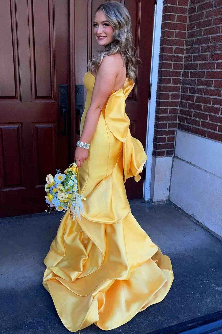 Lumidress Strapless Satin Mermaid Prom Dress with Statement Bow and High Slit