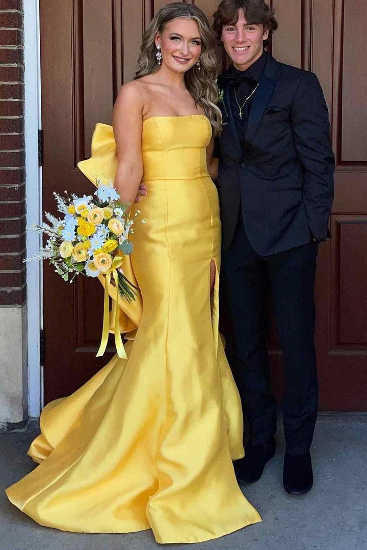 Lumidress Strapless Satin Mermaid Prom Dress with Statement Bow and High Slit