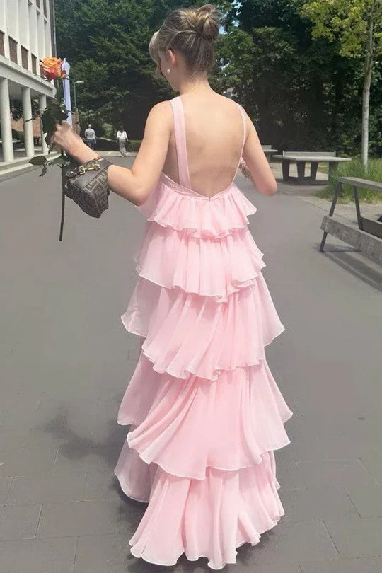 Lumidress Pink A-Line Sleeveless Tiered Chiffon Long Prom Dress