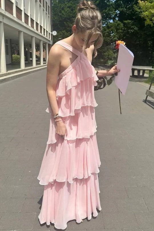 Lumidress Pink A-Line Sleeveless Tiered Chiffon Long Prom Dress