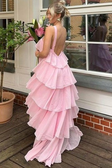 Lumidress Pink A-Line Sleeveless Tiered Chiffon Long Prom Dress