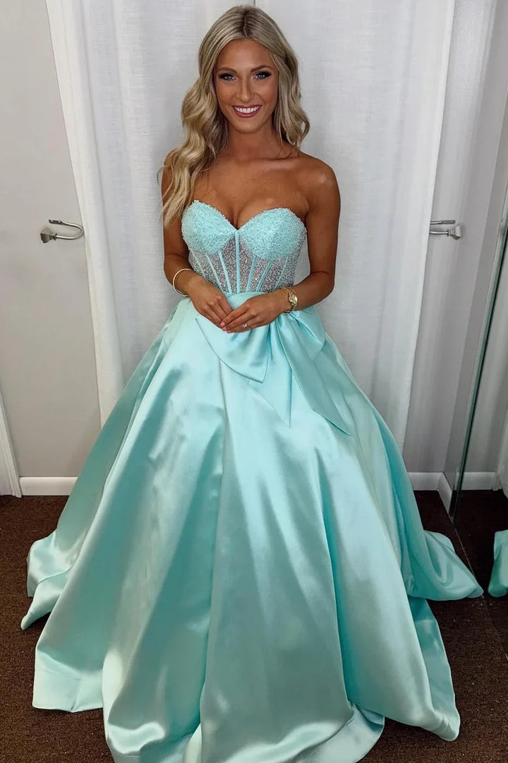Lumidress Aqua Strapless Sweetheart Ball Gown with Beaded Bodice &amp; Satin Skirt