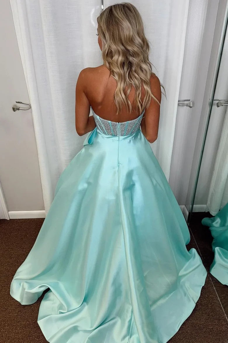 Lumidress Aqua Strapless Sweetheart Ball Gown with Beaded Bodice &amp; Satin Skirt