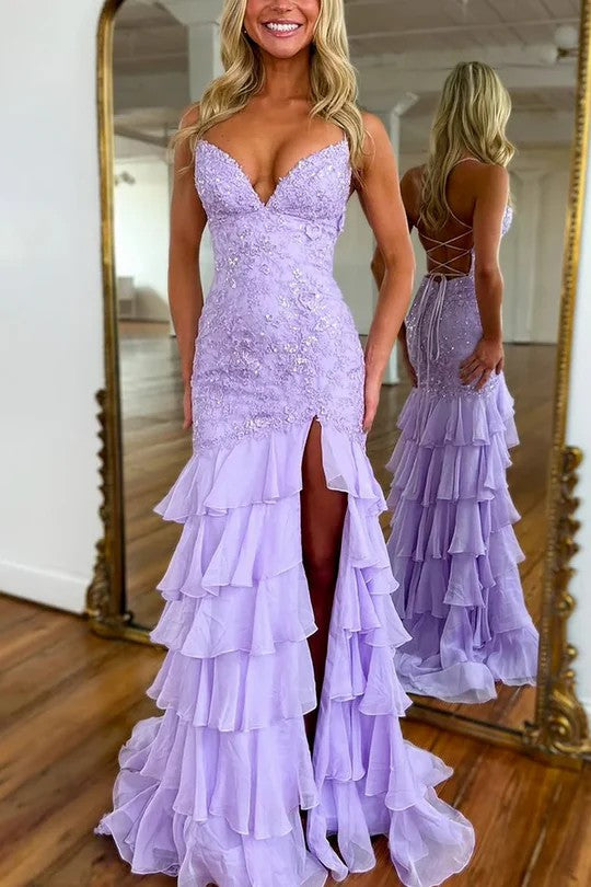 Lumidress Lilac Elegant V-Neck Appliqué Mermaid Prom Dress with Ruffled Slit
