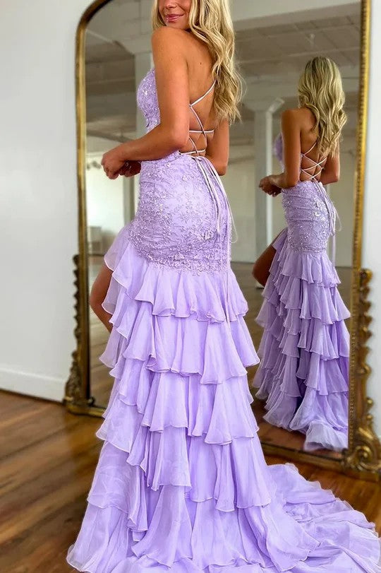 Lumidress Lilac Elegant V-Neck Appliqué Mermaid Prom Dress with Ruffled Slit