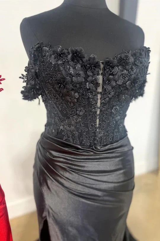 Lumidress Black Satin Mermaid Appliques Pleated Prom Dress with Side Slit