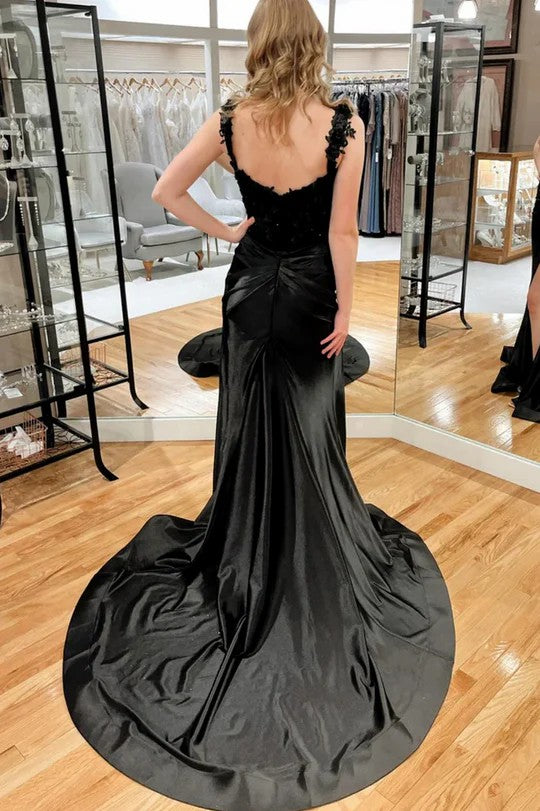 Lumidress Black Satin Mermaid Appliques Pleated Prom Dress with Side Slit