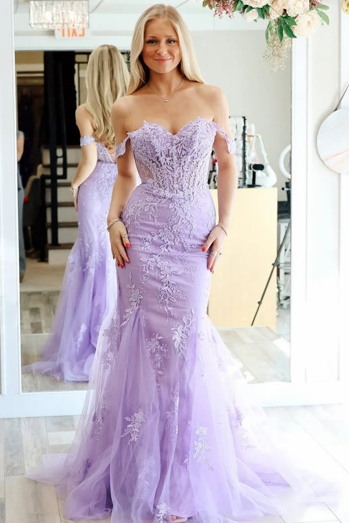 Lumidress Lilac Off-Shoulder Sweetheart Mermaid Prom Dress with Lace Appliqués