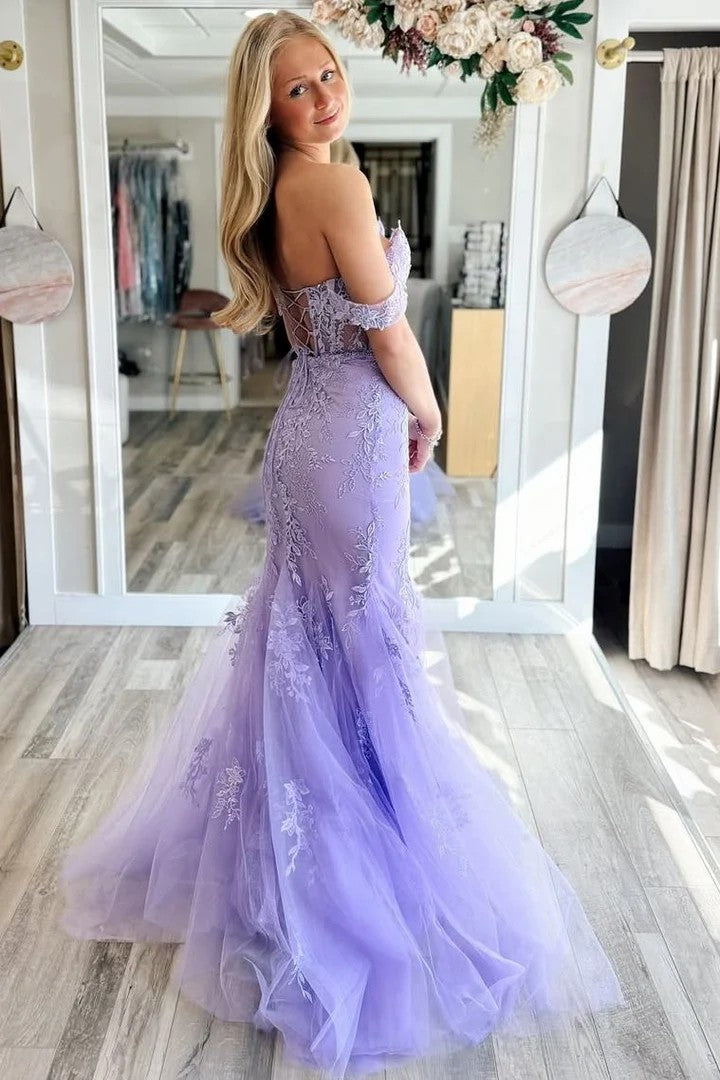 Lumidress Lilac Off-Shoulder Sweetheart Mermaid Prom Dress with Lace Appliqués
