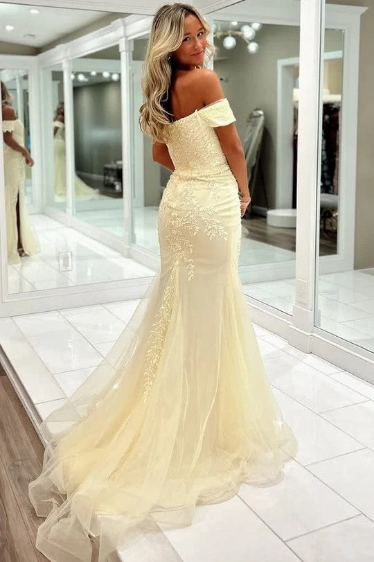 Lumidress Light Blue Off-Shoulder Lace Appliqué Mermaid Gown with Slit