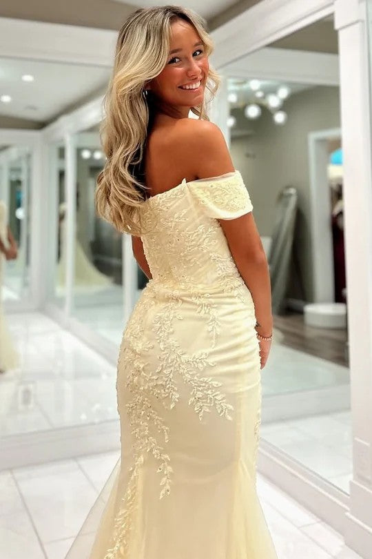 Lumidress Light Blue Off-Shoulder Lace Appliqué Mermaid Gown with Slit