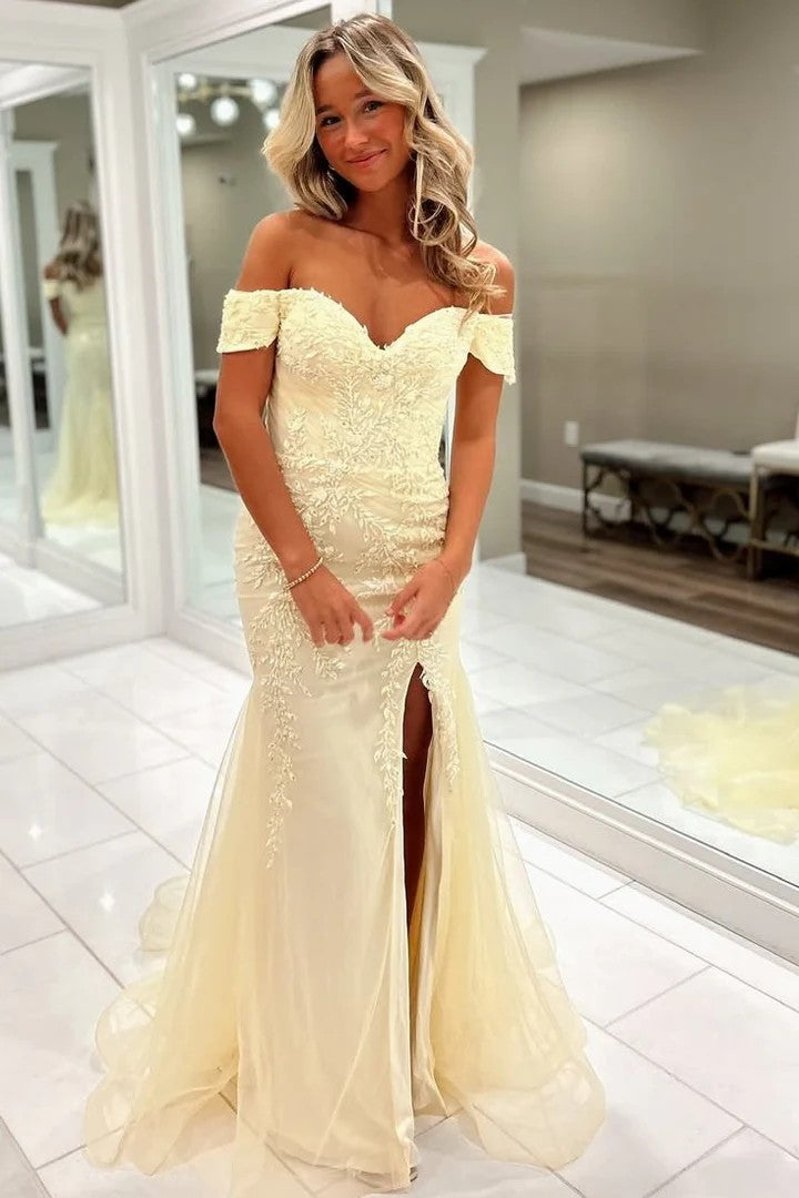 Lumidress Light Blue Off-Shoulder Lace Appliqué Mermaid Gown with Slit