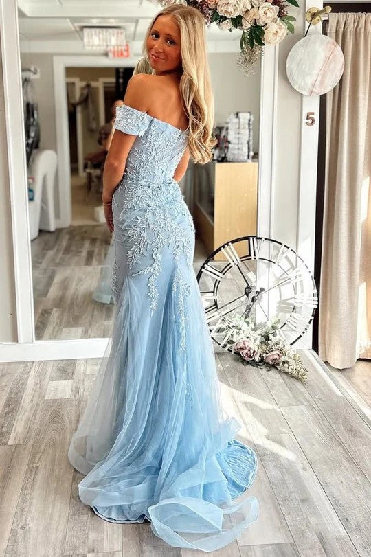 Lumidress Light Blue Off-Shoulder Lace Appliqué Mermaid Gown with Slit