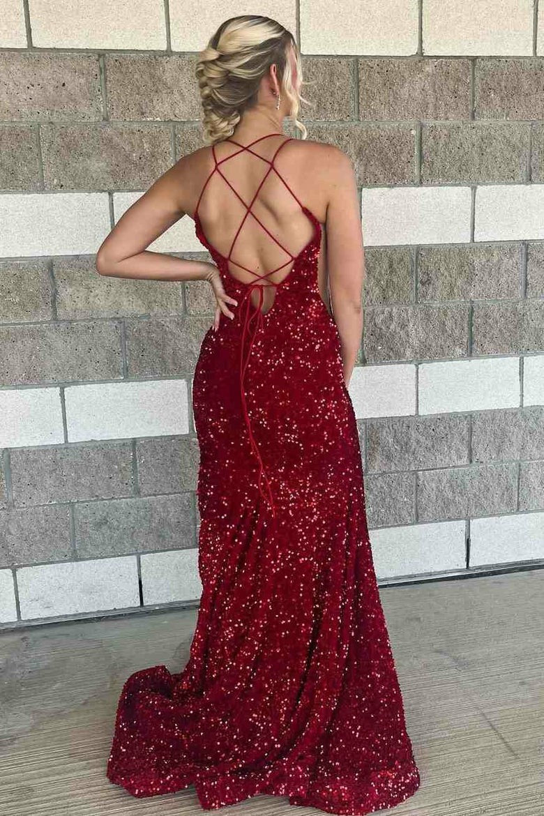 Lumidress Burgundy Sparkling Sequin V-Neck Mermaid Prom Gown with Side Slit