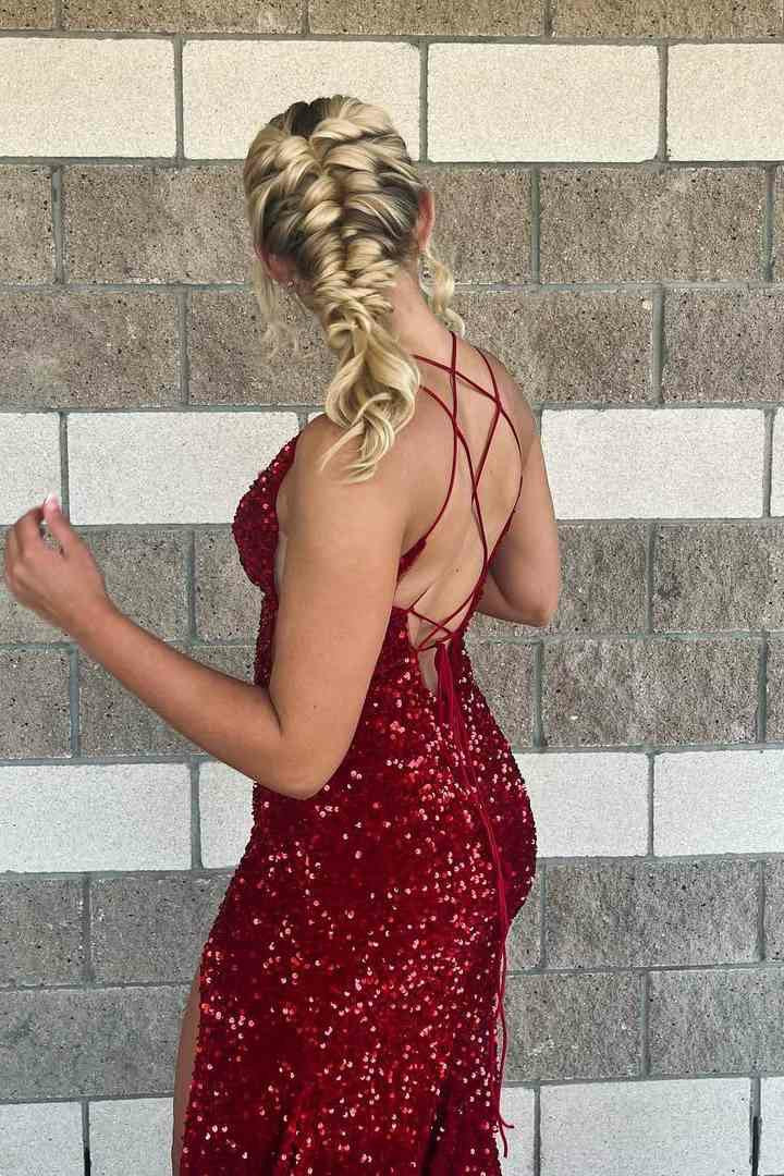 Lumidress Burgundy Sparkling Sequin V-Neck Mermaid Prom Gown with Side Slit