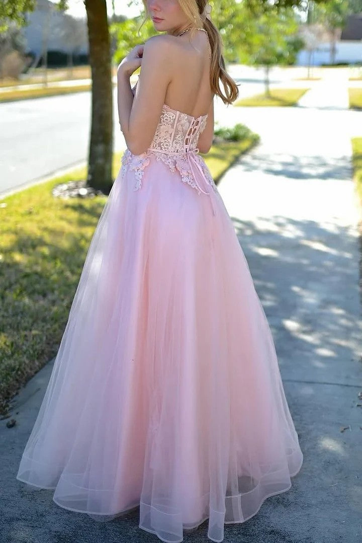Lumidress Elegant Pink Strapless Sweetheart A-Line Prom Dress with Floral Appliqués