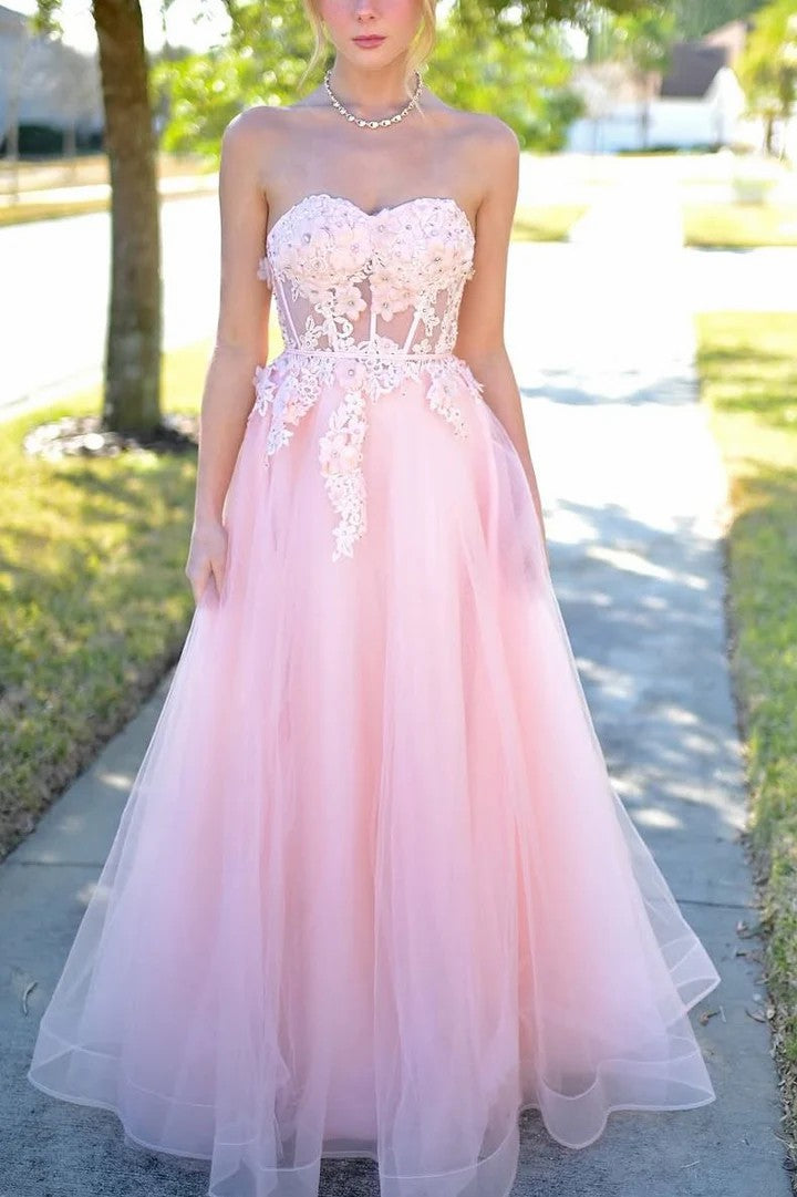 Lumidress Elegant Pink Strapless Sweetheart A-Line Prom Dress with Floral Appliqués