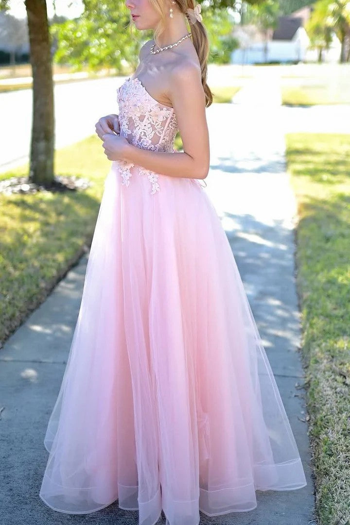 Lumidress Elegant Pink Strapless Sweetheart A-Line Prom Dress with Floral Appliqués