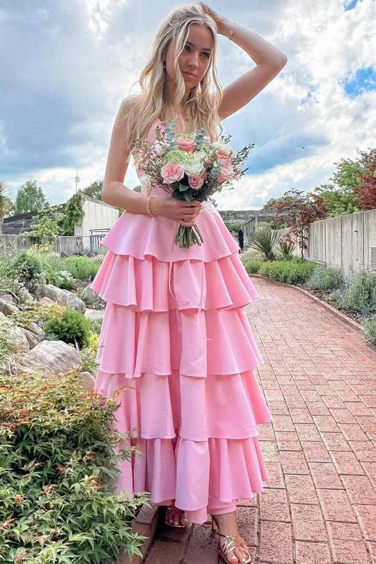 Lumidress Charming Pink V-Neck Sleeveless Tiered Prom Dress with Empire Waist