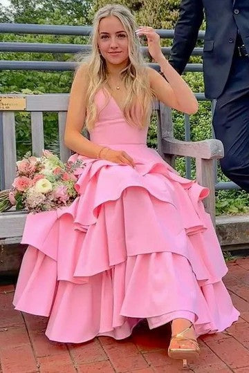 Lumidress Charming Pink V-Neck Sleeveless Tiered Prom Dress with Empire Waist