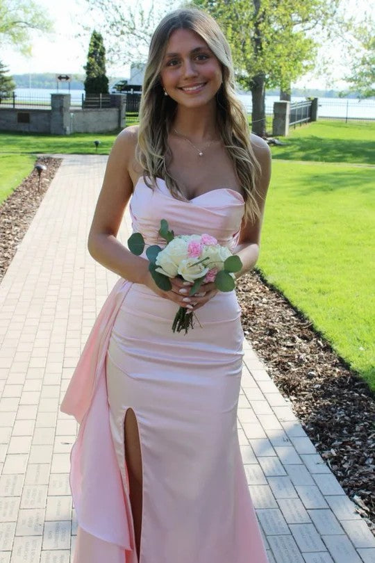Lumidress Elegant Pink Strapless Sweetheart Satin Prom Dress with Train