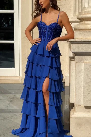 Lumidress Eegant Sweetheart Spaghetti-Strap Layered Chiffon Prom Dress with Side Slit