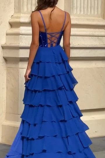 Lumidress Eegant Sweetheart Spaghetti-Strap Layered Chiffon Prom Dress with Side Slit