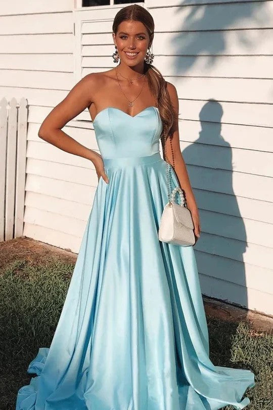 Lumidress Elegant Satin Strapless Sweetheart A-Line Pleated Prom Dress